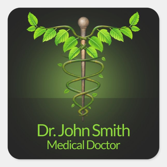 Sticker Carré Médicale holistique alternatif Caduceus Feuilles v (Devant)