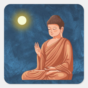 Sticker Carré Méditer Bouddha sous Lune sur l'Abstrait bleu