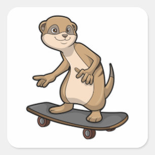 Sticker Carré Meerkat comme Patineur avec Skateboard