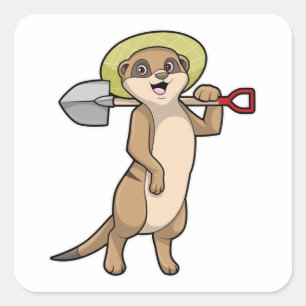 Sticker Carré Meerkat en tant que fermier avec Shovel