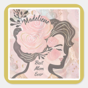 Sticker Carré Meilleure Maman Jamais De Jolies Fleurs Or Nom De 