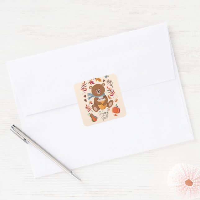 Sticker Carré Mel ours bébé automne avec miel et texte personnal (Enveloppe)
