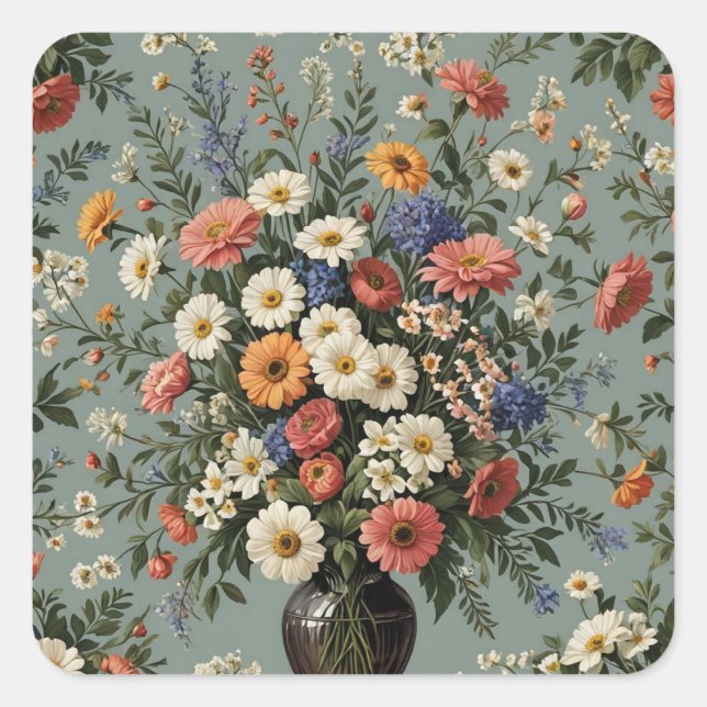 Sticker Carré Mélange de fleurs dans un vase (Devant)