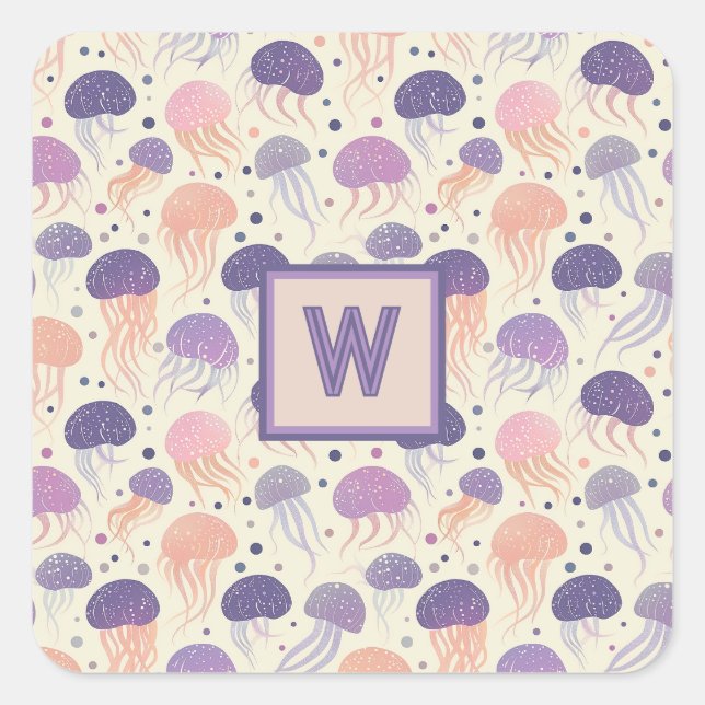 Sticker Carré Mélange de méduse pastel violet et monogramme oran (Devant)