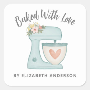 Sticker Carré Mélangeur à Gâteau Mignon Cuisiné Avec Amour Boula