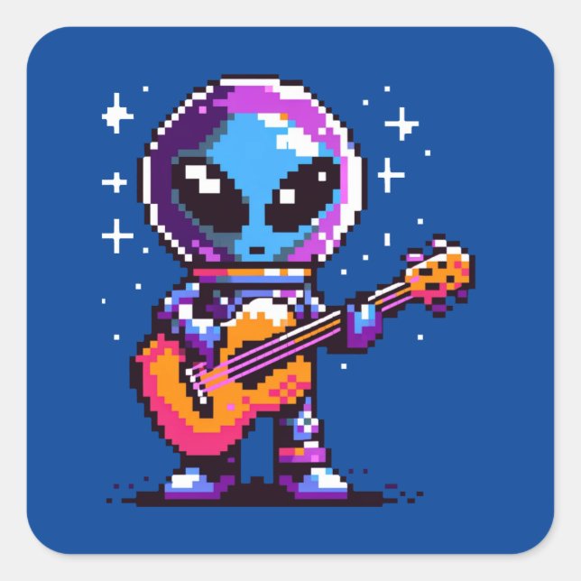 Sticker Carré Mélodie cosmique : Alien 8 bits avec guitare (Devant)