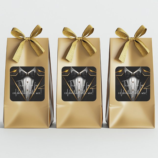 Sticker Carré Mens Black Gold fête d'anniversaire (Mens black and gold birthday party stickers with black and gold tuxedo. Add your text, logo, photo.)