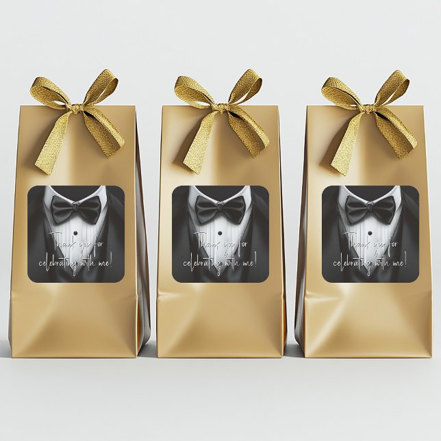 Sticker Carré Mens Tuxedo Noir Blanc fête d'anniversaire (Tuxedo stickers with classy black tuxedo. Add your text, logo, photo, etc., to personalize.)