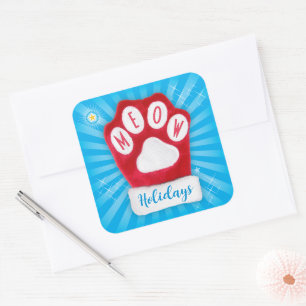 Sticker Carré MEOW Vacances jolie Rouge Paw Noël Chat Mitten