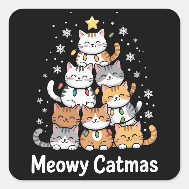 Sticker Carré Meowa Catmas Chat Noël Arbre de Noël Père Noël (Devant)