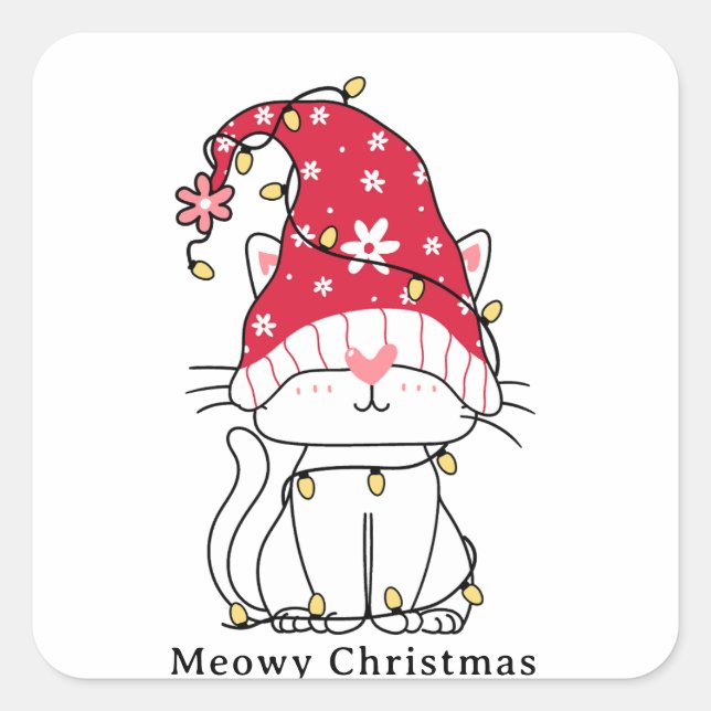 Sticker Carré Meowny Noël drôle mignon chat de Noël (Devant)
