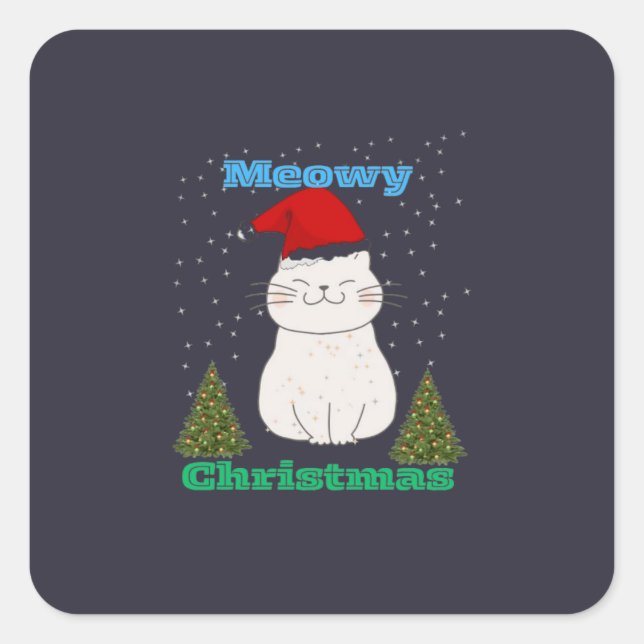 Sticker Carré Meowy Christmas Cute Cat Design | Funny Holiday Ca (Devant)