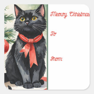 Sticker Carré Meowy Christmas Kitten avec un arc Holiday Gift Ta
