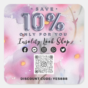 Sticker Carré Merci 10%Off QRCODE Logo Code rabais Floral Grey