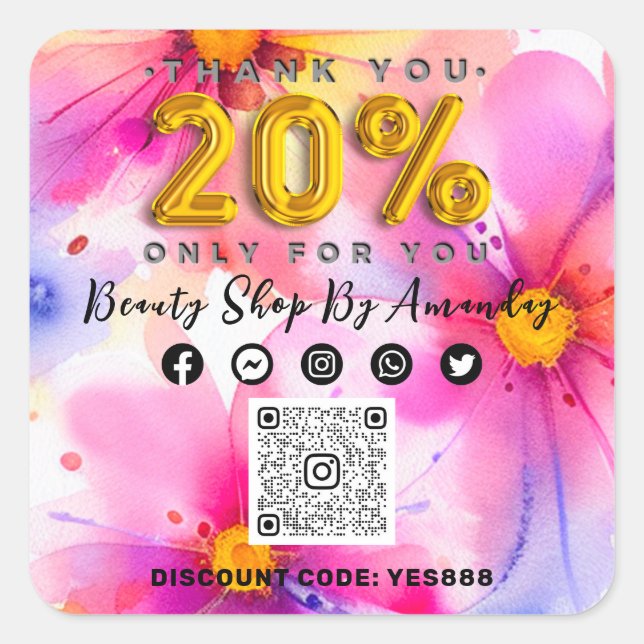 Sticker Carré Merci 20% de réduction sur QR CODE Logo Fleurs rab (Devant)