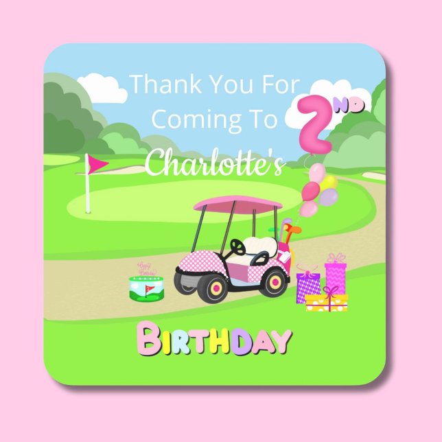 Sticker Carré Merci 2e Anniversaire Polka Dot Rose Girl Golf (Créateur téléchargé)