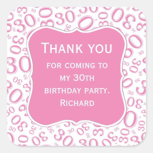 Sticker Carré Merci : 30e anniversaire Motif de numéro rose/blan (Devant)