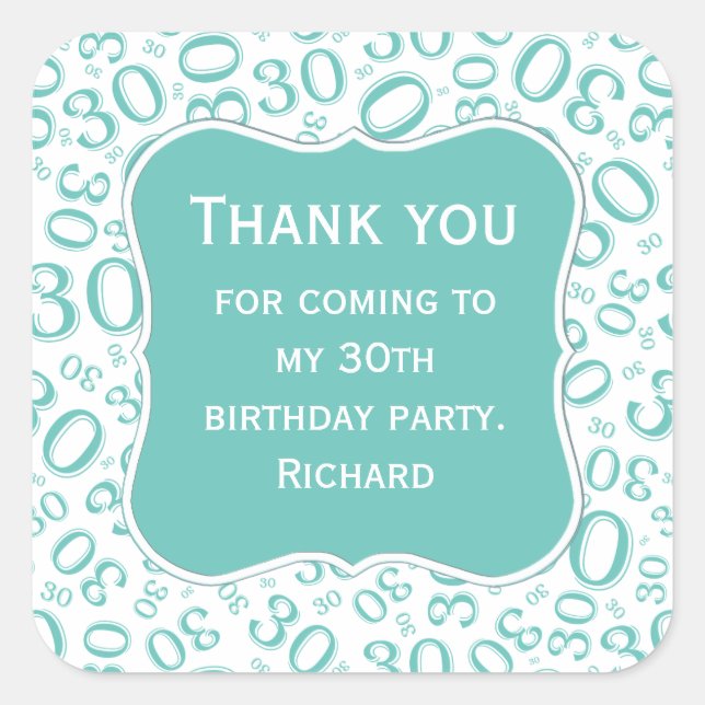 Sticker Carré Merci : 30e anniversaire Turquoise/blanc Motif num (Devant)
