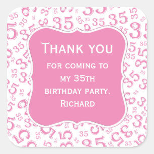Sticker Carré Merci : 35e anniversaire Motif rose/blanc