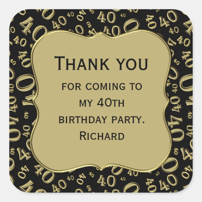 Sticker Carré Merci : 40e anniversaire Black/Gold Numéro Motif (Devant)
