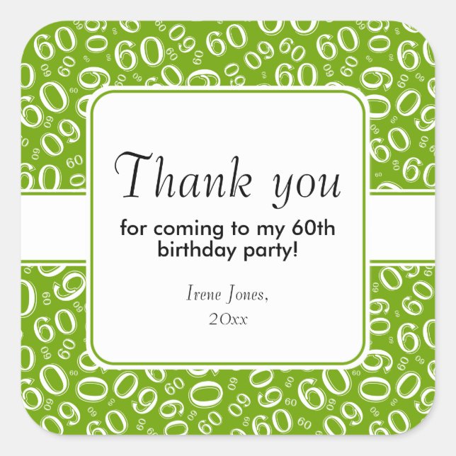 Sticker Carré Merci 60e anniversaire Numéro Motif Vert/Blanc (Devant)
