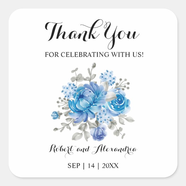 Sticker Carré Merci à fleurs bleues pour Mariage (Devant)
