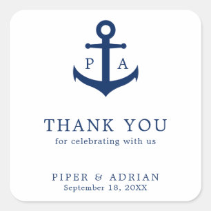 Sticker Carré Merci Ancre nautique Monogramme Mariage Faveur