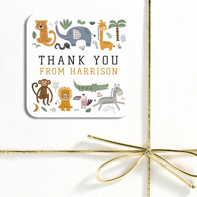 Sticker Carré Merci Anniversaire Deux Animaux Safari Sauvages En (Créateur téléchargé)