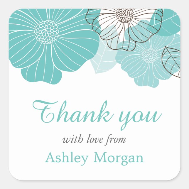 Sticker Carré Merci avec amour Simple Chic Turquoise Vert Floral (Devant)