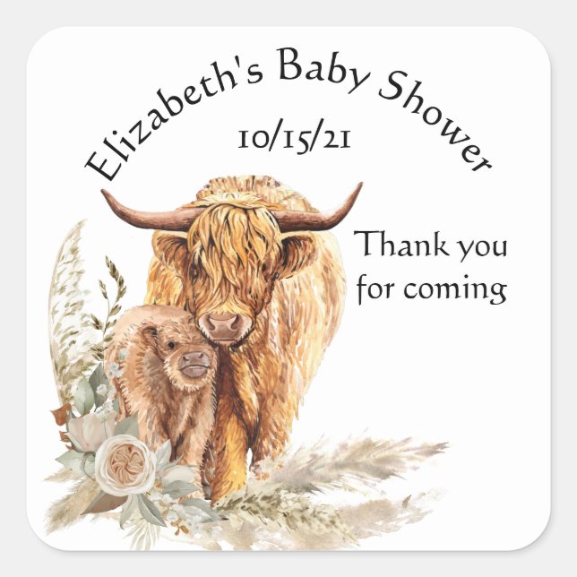 Sticker Carré Merci Baby shower Bébé Highland Vache Calf (Devant)