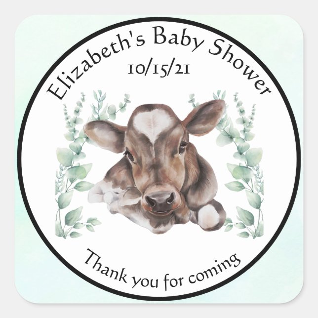 Sticker Carré Merci Baby shower Bébé Vache Calf Eucalyptus (Devant)