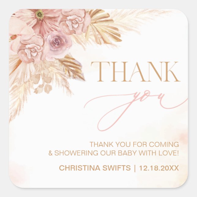 Sticker Carré Merci Baby shower Boho Pampas Thème Grass (Devant)