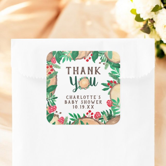 Sticker Carré merci baby shower d'aquarelle bois forêt (thank you forest woodland watercolor baby shower square sticker)