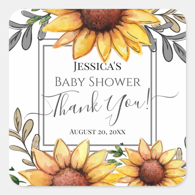 Sticker Carré Merci Baby shower de tournesol aquarelle (Devant)