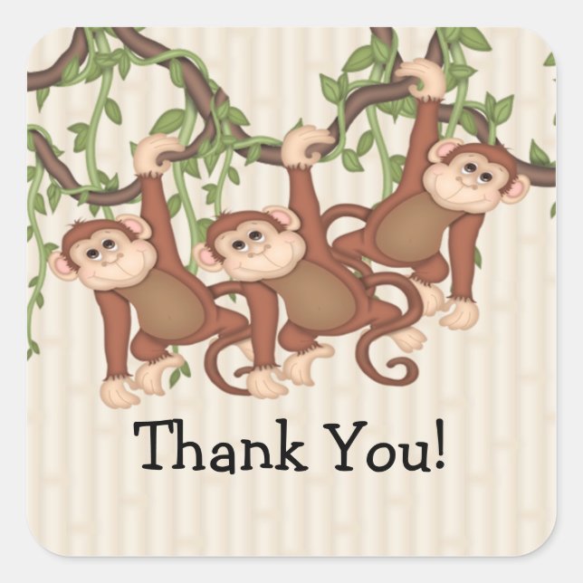 Sticker Carré Merci! Baby shower des singes triplés (Devant)