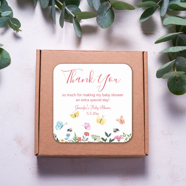 Sticker Carré merci baby shower fleurs et papillons rose (Créateur téléchargé)