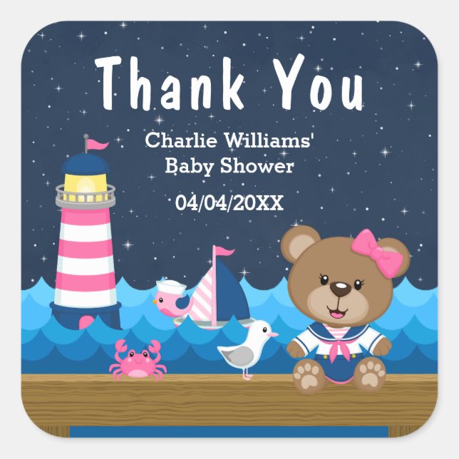 Sticker Carré Merci Baby shower rose pour fille nautique (Devant)
