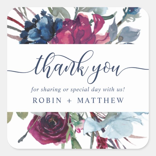 Sticker Carré Merci Berry Blue Bourgogne Floral Wedding Favorise (Devant)