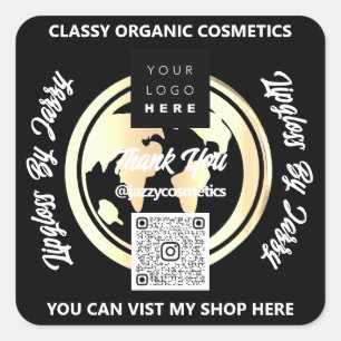 Sticker Carré Merci Business QR Code Logo Or Noir