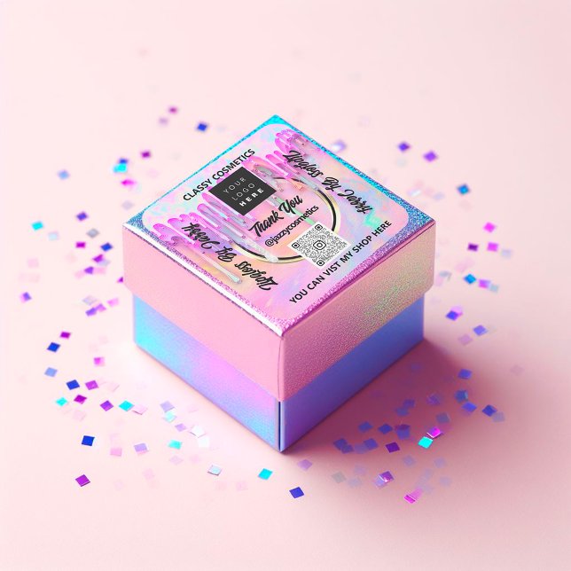 Sticker Carré Merci Business QR Code Logo Pink Holographic Drive (Thank Business QR Code Logo Pink Holographic Drips Square Sticker)