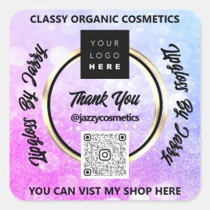 Sticker Carré Merci Business QR Code Logo rose bleu