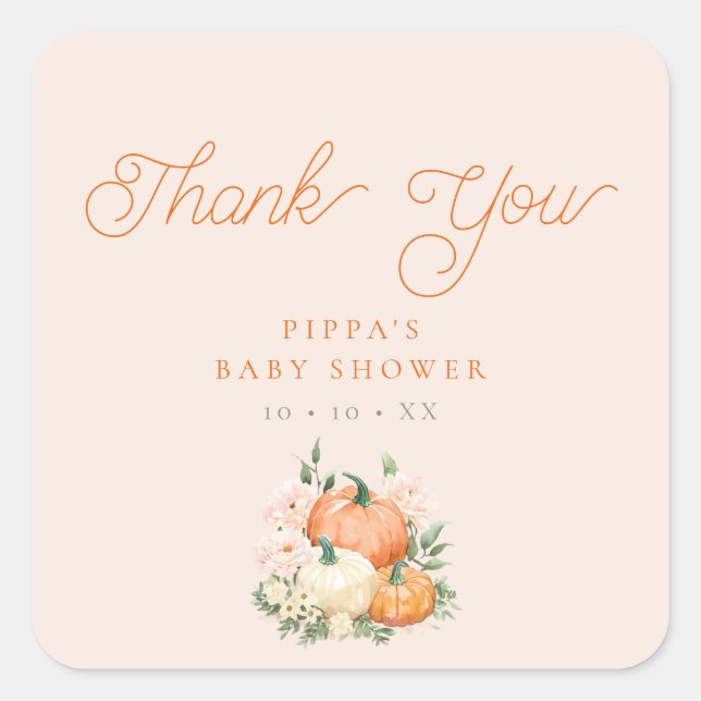 Sticker Carré Merci citrouille rose et Baby shower orange (Devant)