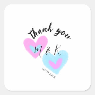 Sticker Carré MERCI cœur rose bleu nom couple date de mariage