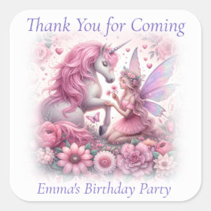 Sticker Carré Merci Cute Jolie Fée Rose et Unicorne