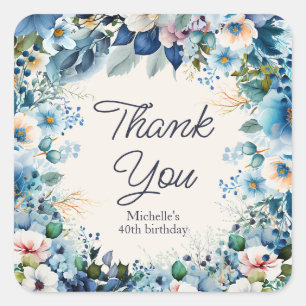 Sticker Carré Merci d'anniversaire des femmes Floral Blanc Bleu