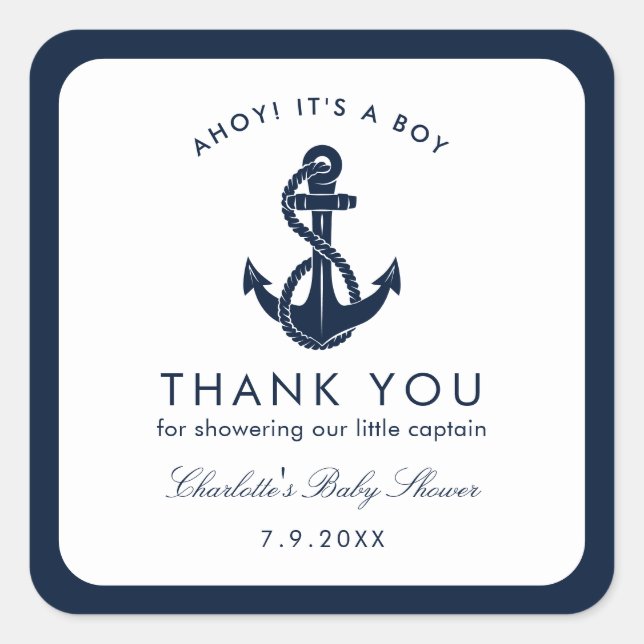 Sticker Carré Merci de Baby shower Ancre bleu marine (Devant)