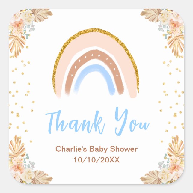 Sticker Carré Merci de Baby shower bleu arc-en-ciel Boho (Devant)