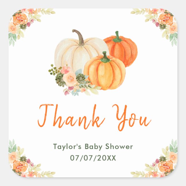 Sticker Carré Merci de Baby shower Citrouille orange et vert (Devant)