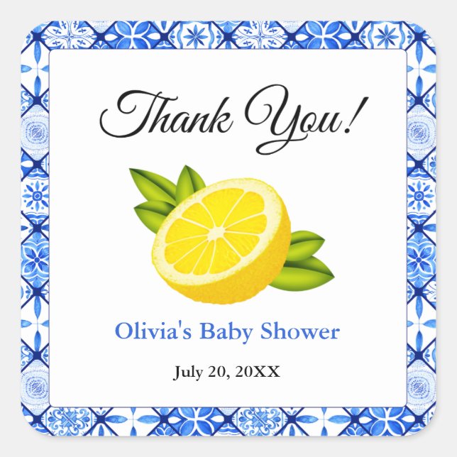 Sticker Carré Merci de Baby shower de citron bleu italien (Devant)