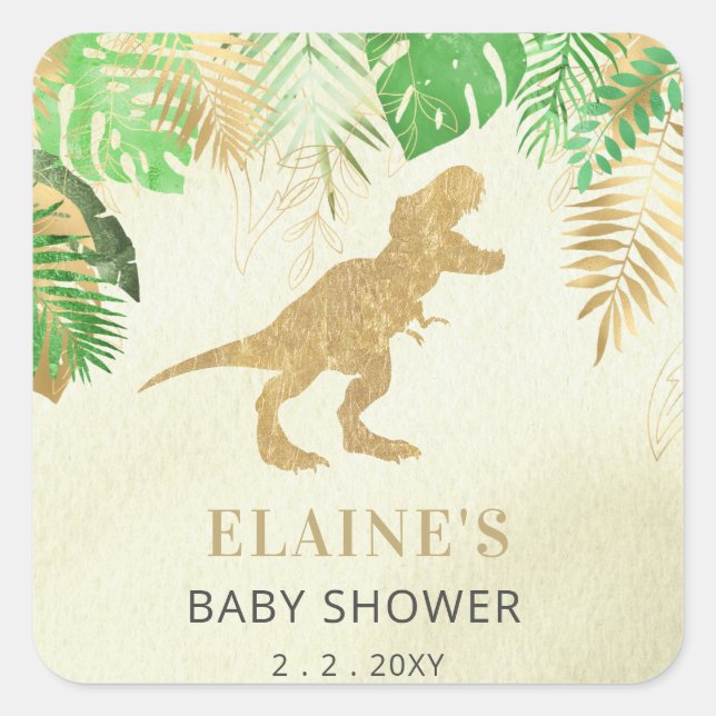 Sticker Carré Merci de Baby shower de dinosaure d'or (Devant)